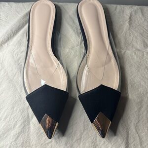 Black and Gold Mules with Clear Design